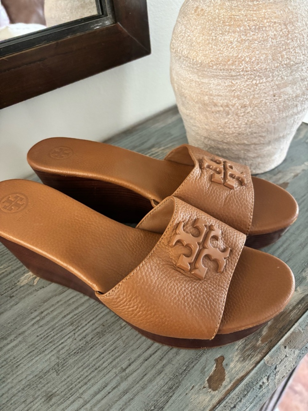 Tory Burch Cognac Leather Wedge Slide Sandals